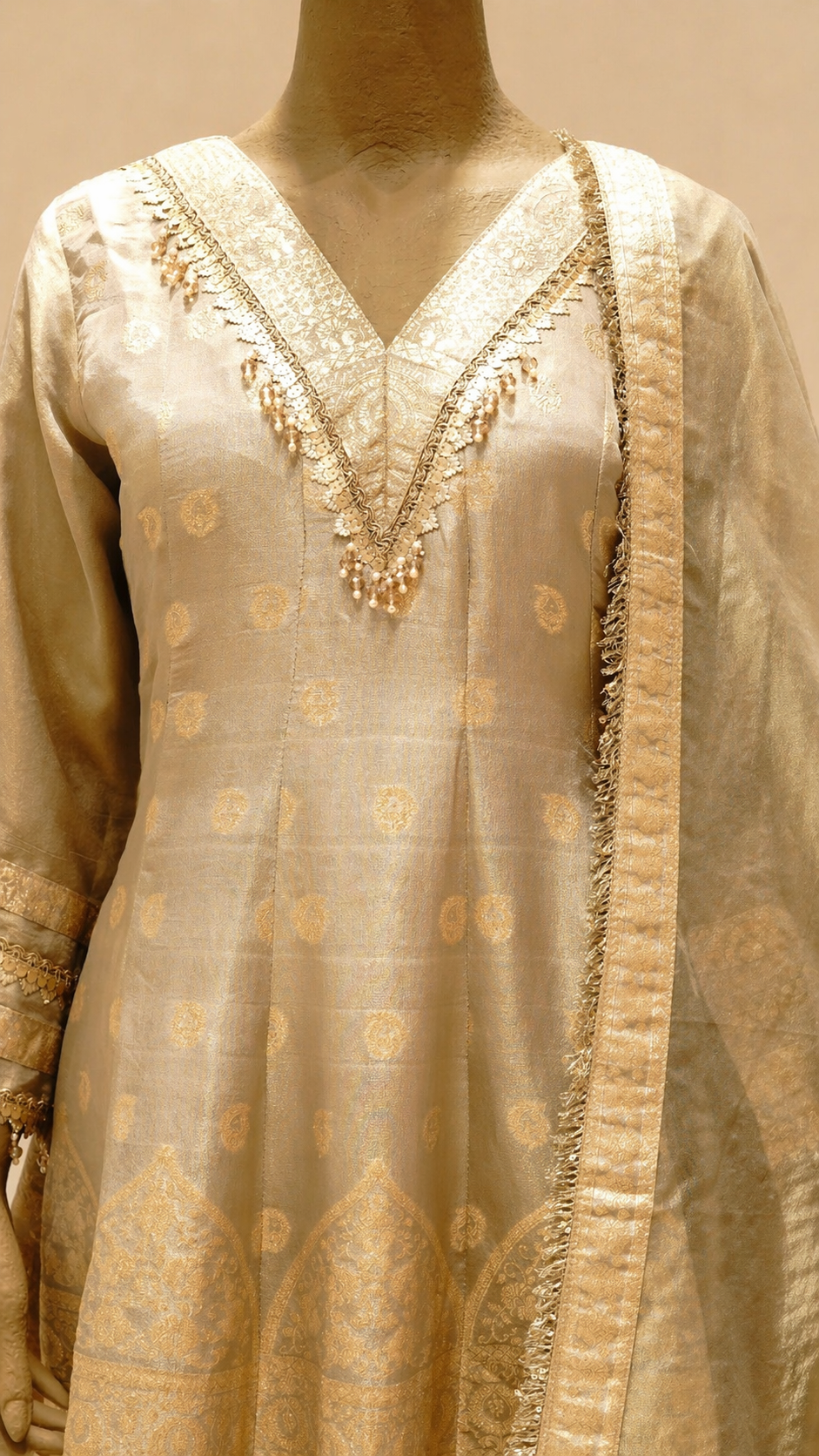 Elegant Gold Anarkali Set with Embroidered Dupatta