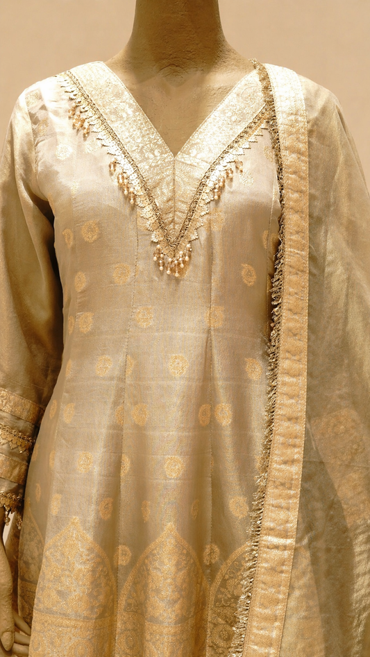 Elegant Gold Anarkali Set with Embroidered Dupatta