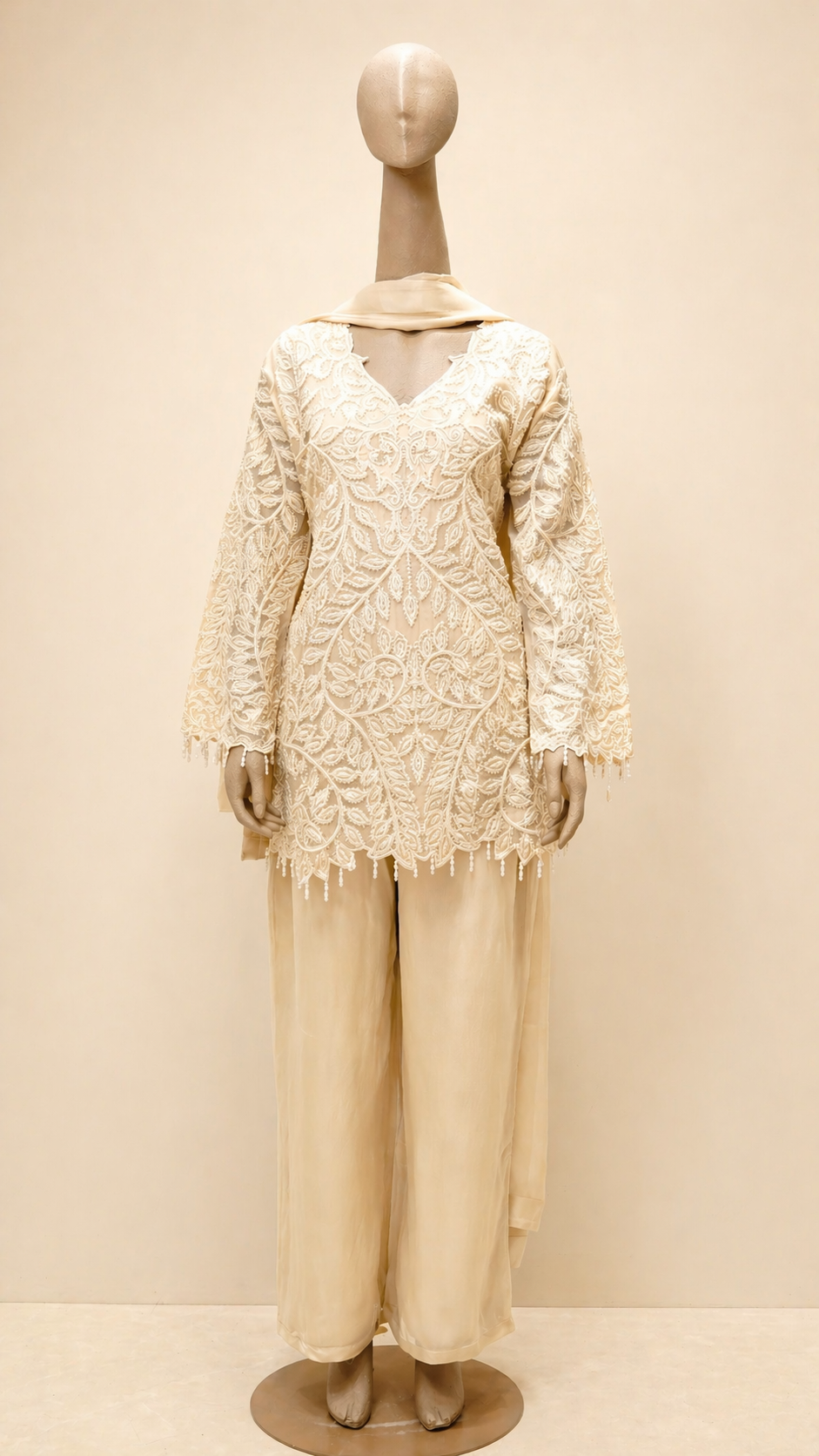 Elegant Beige Embroidered Kurta Set
