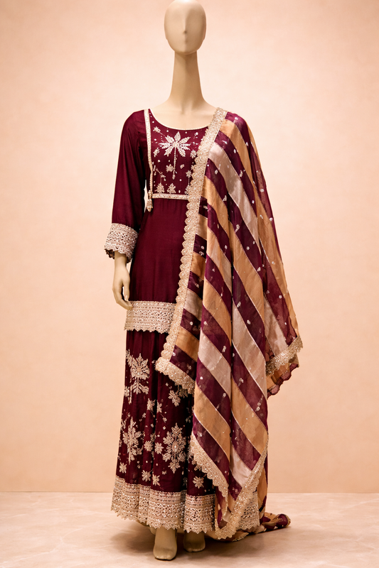Royal Wine Embroidered Kurta Set with Dupatta