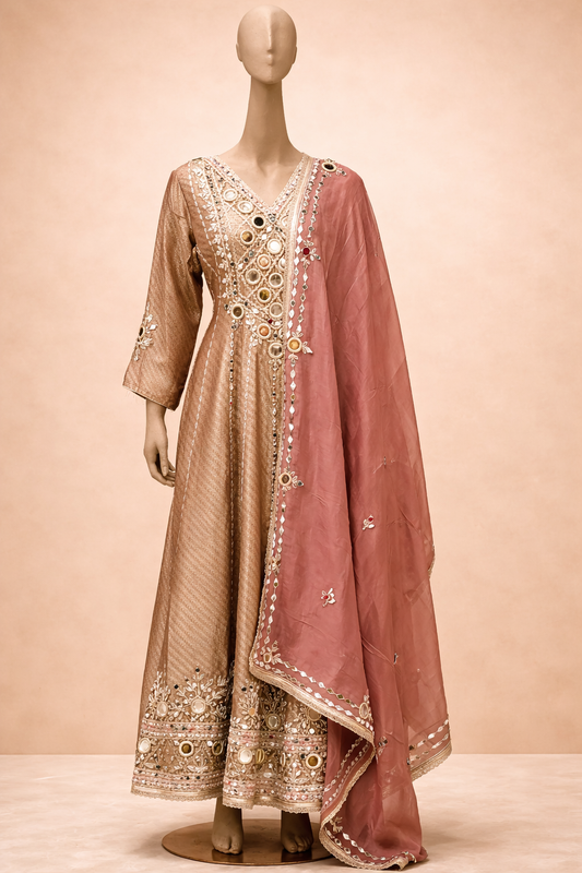 Champagne Gold & Dusty Rose Embroidered Anarkali Set