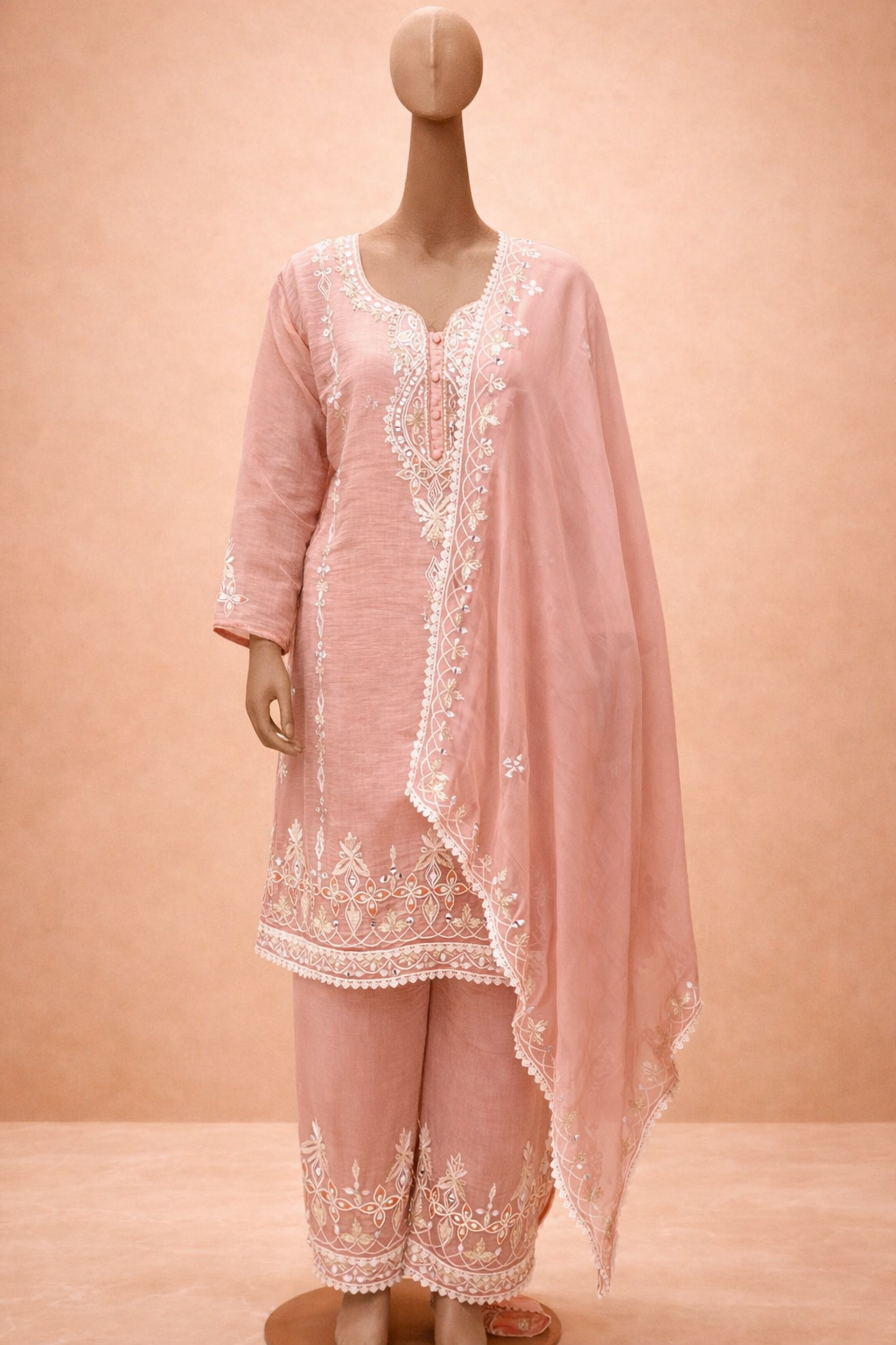 Blush Peach Embroidered Kurta Set with Dupatta
