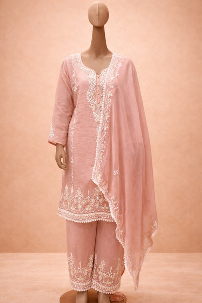 Blush Peach Embroidered Kurta Set with Dupatta