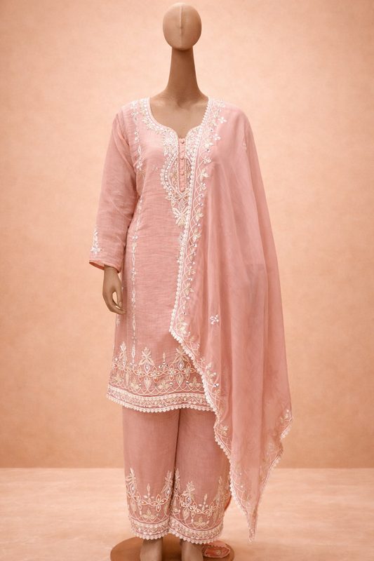 Blush Peach Embroidered Kurta Set with Dupatta