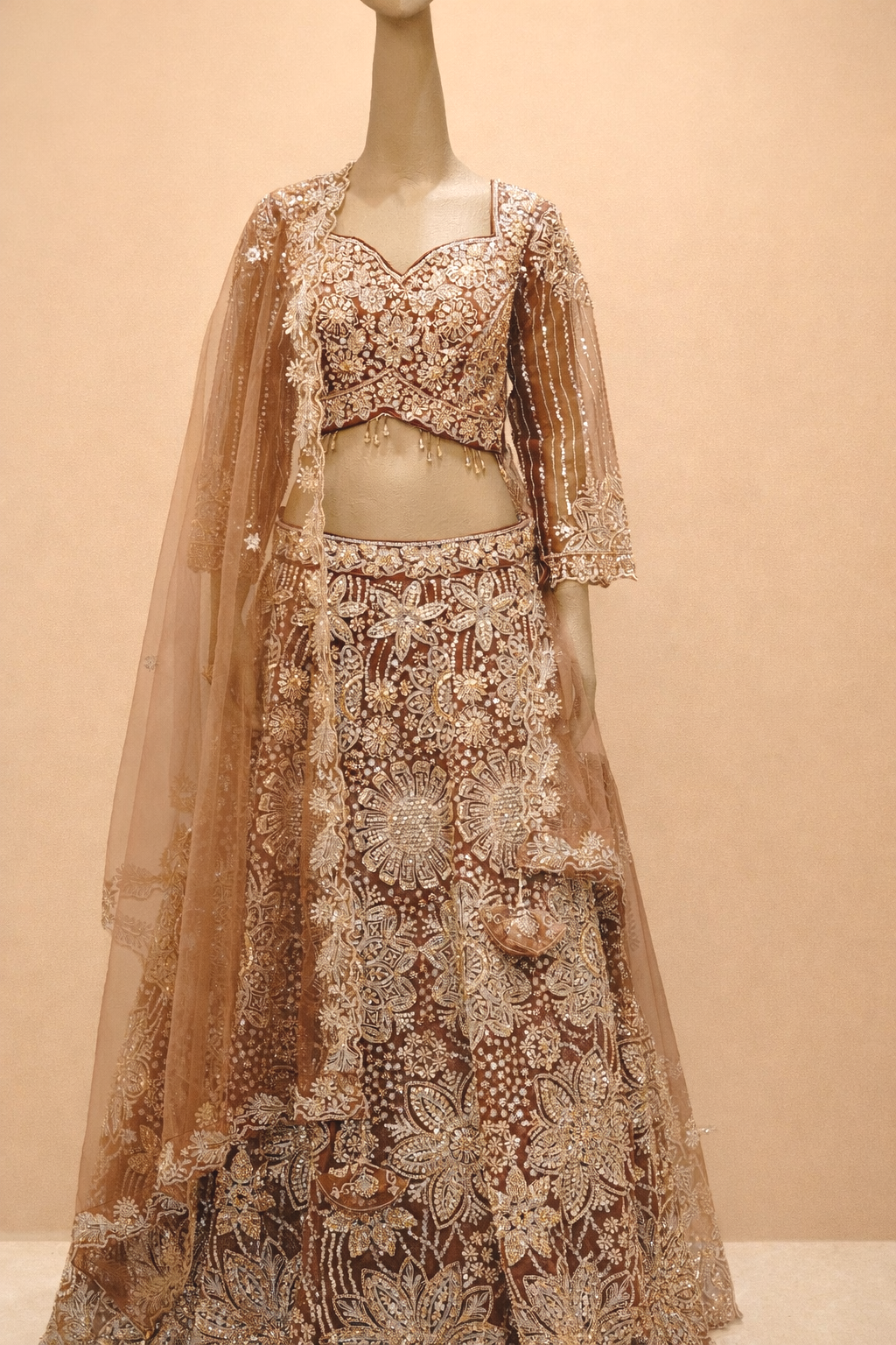 Rust Brown lehenga with intricate floral embroidery with sequins