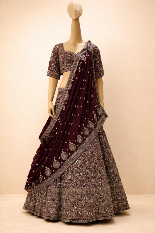 Burgundy bridal lehenga with intricate embroidery