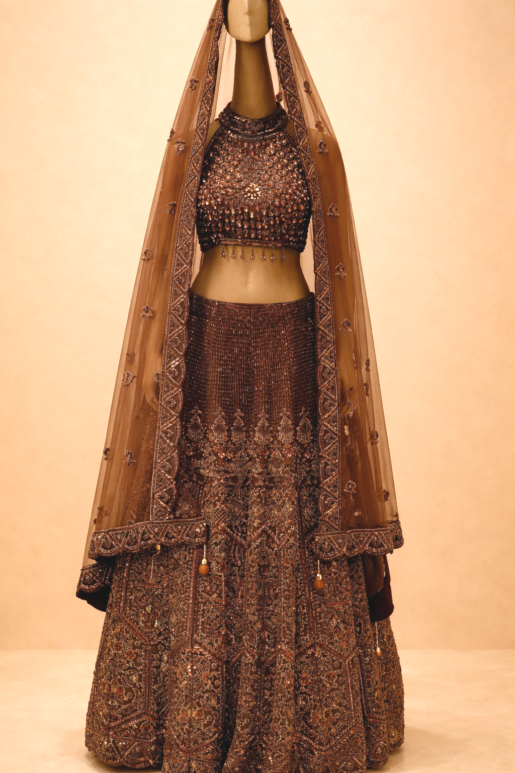 rust brown lehenga  with rich antique gold and bronze embellishments