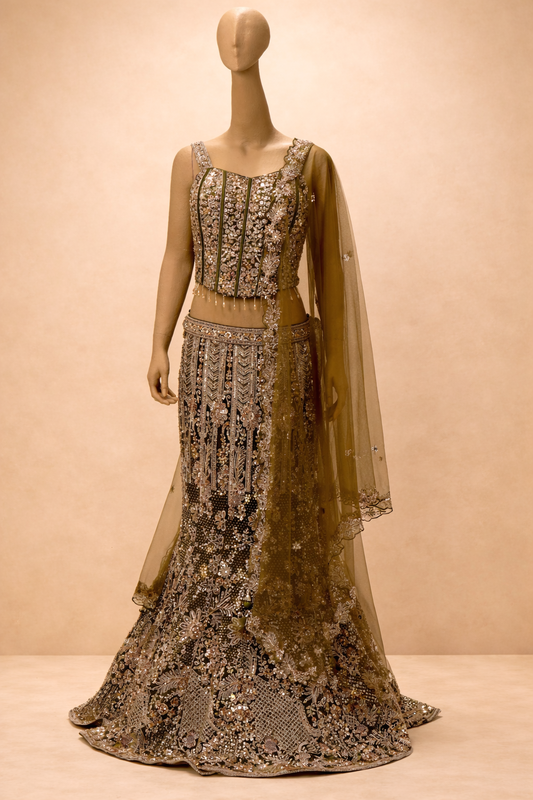 Olive Green Lehenga with Antique Gold & Champagne Embellishments