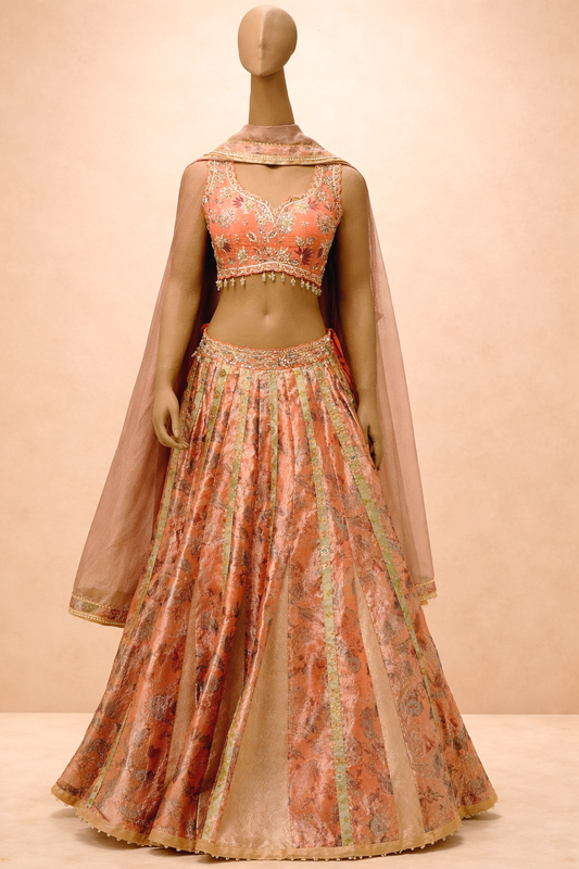 Peach lehenga with Soft Gold & Pastel Accents