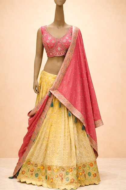 Vibrant Pink & Pastel Yellow Designer Lehenga