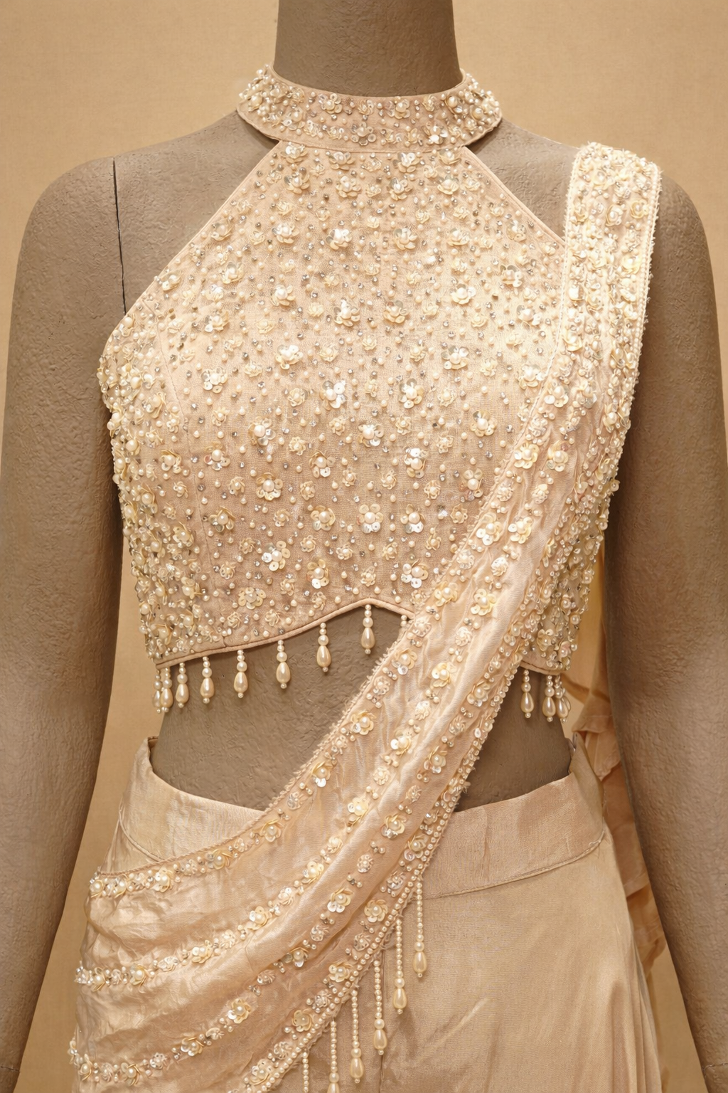 Champagne Gold Embellished Draped Palazzo Set