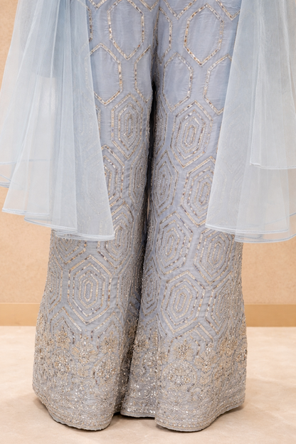 Ice Blue Embellished Palazzo Set with Cape Dupatta