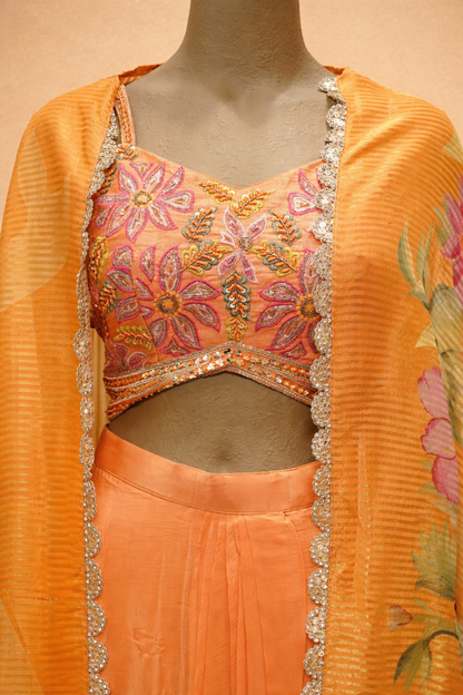Sunset Peach Floral Cape Sharara Set