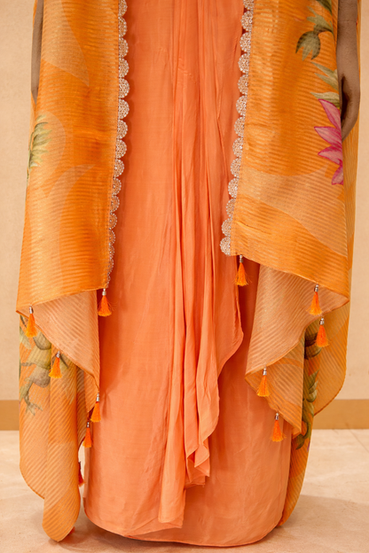 Sunset Peach Floral Cape Sharara Set