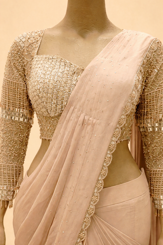 Elegant Blush Beige Embellished Saree Set