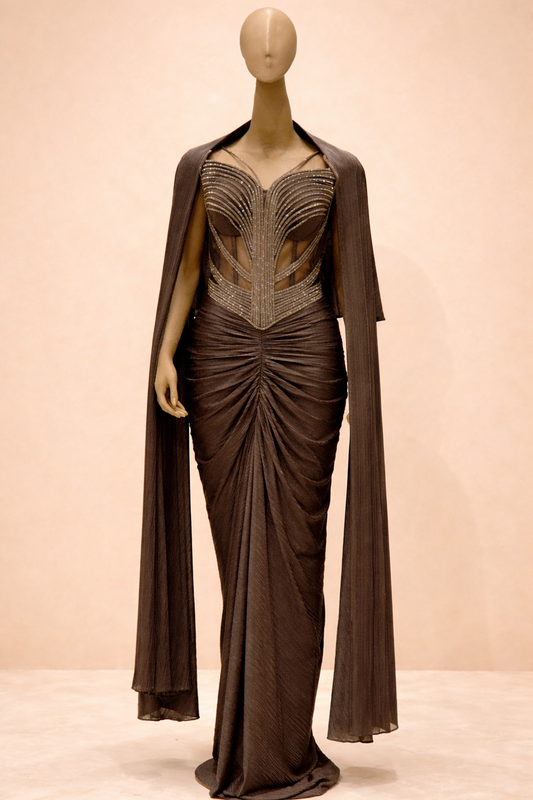 Elegant Draped Evening Gown with Embellished Corset Bodice