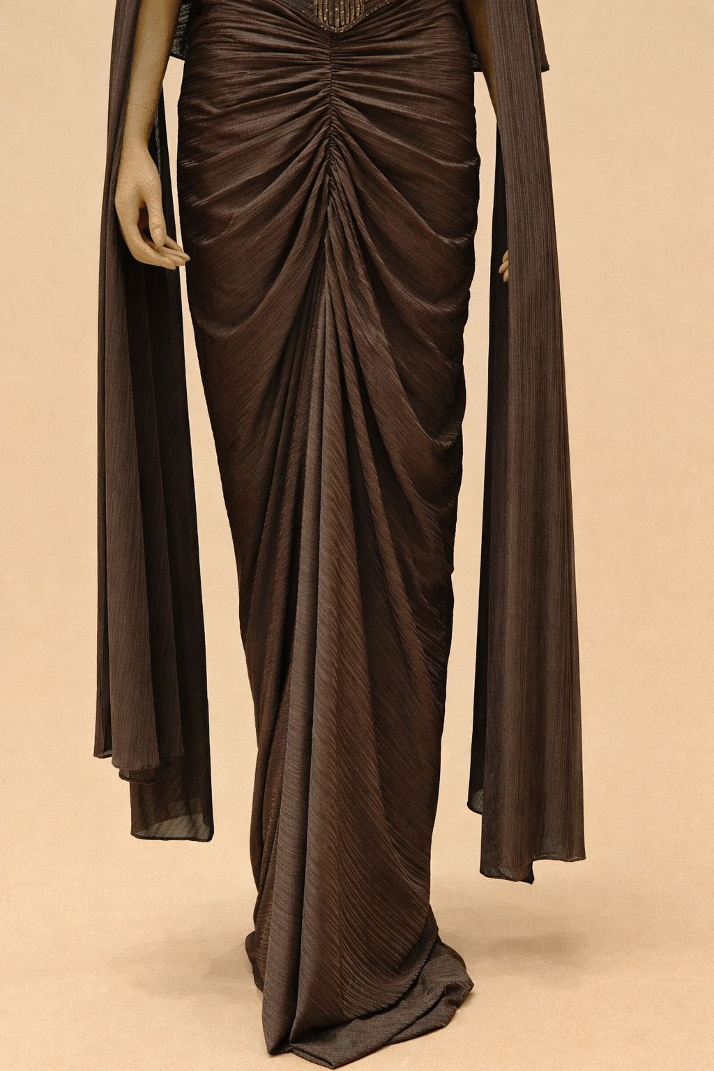 Elegant Draped Evening Gown with Embellished Corset Bodice
