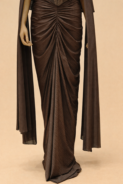 Elegant Draped Evening Gown with Embellished Corset Bodice