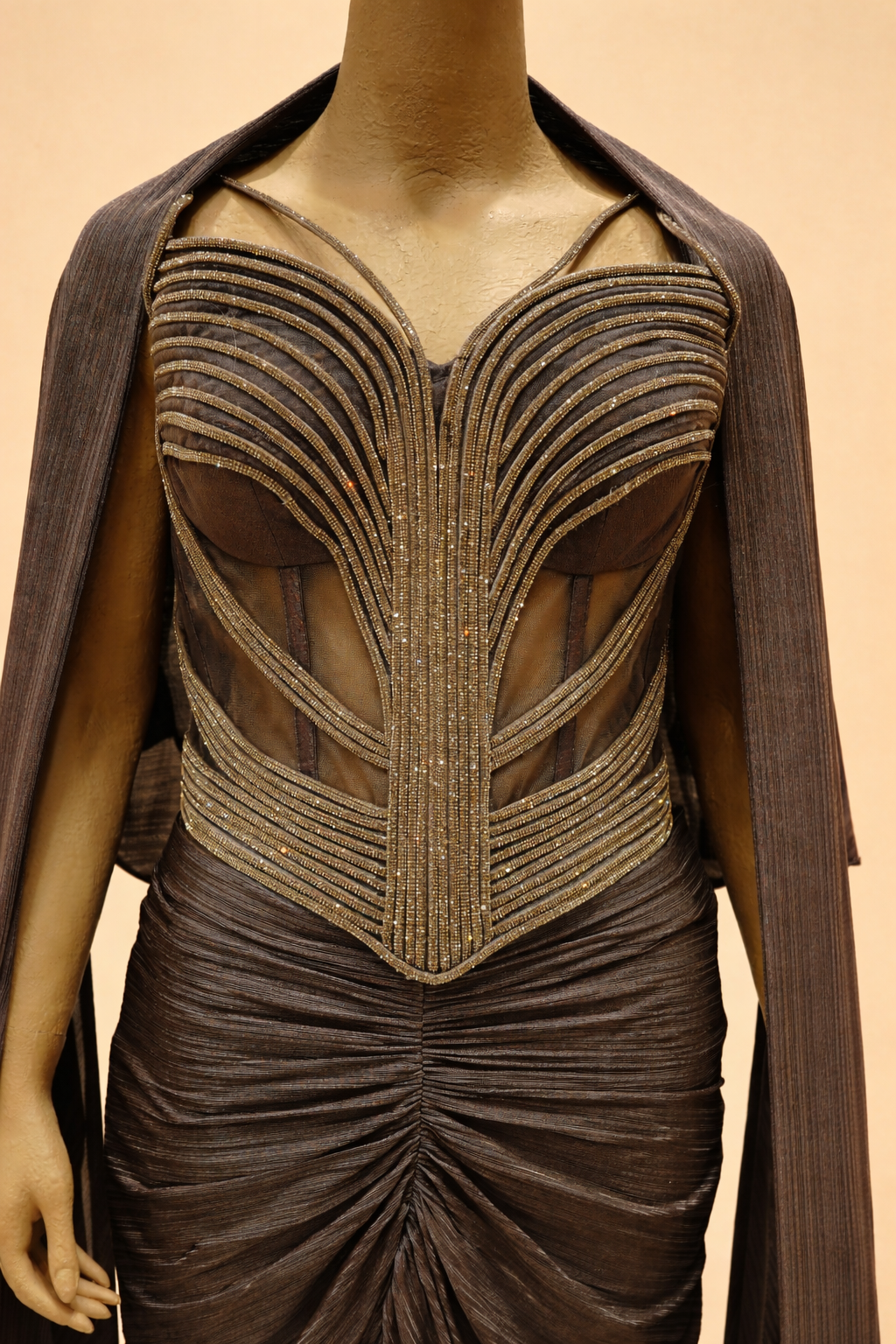 Elegant Draped Evening Gown with Embellished Corset Bodice