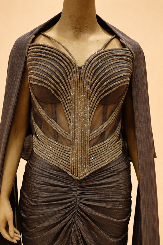 Elegant Draped Evening Gown with Embellished Corset Bodice