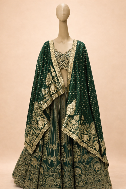 Bottle Green Heritage Printed Lehenga Set