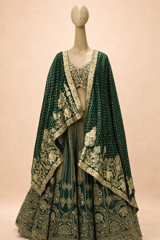 Bottle Green Heritage Printed Lehenga Set