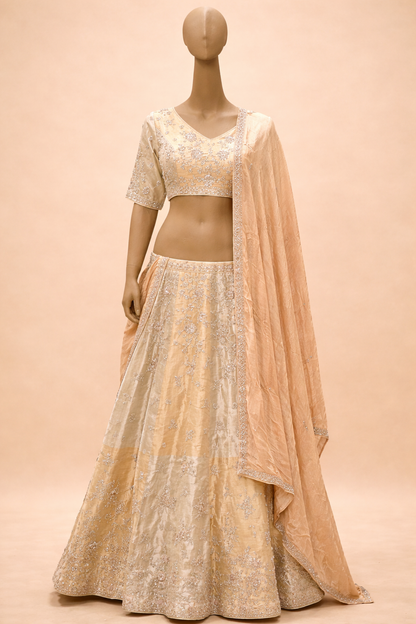 Champagne Glimmer: Hand-Embellished Metallic Lehenga Set