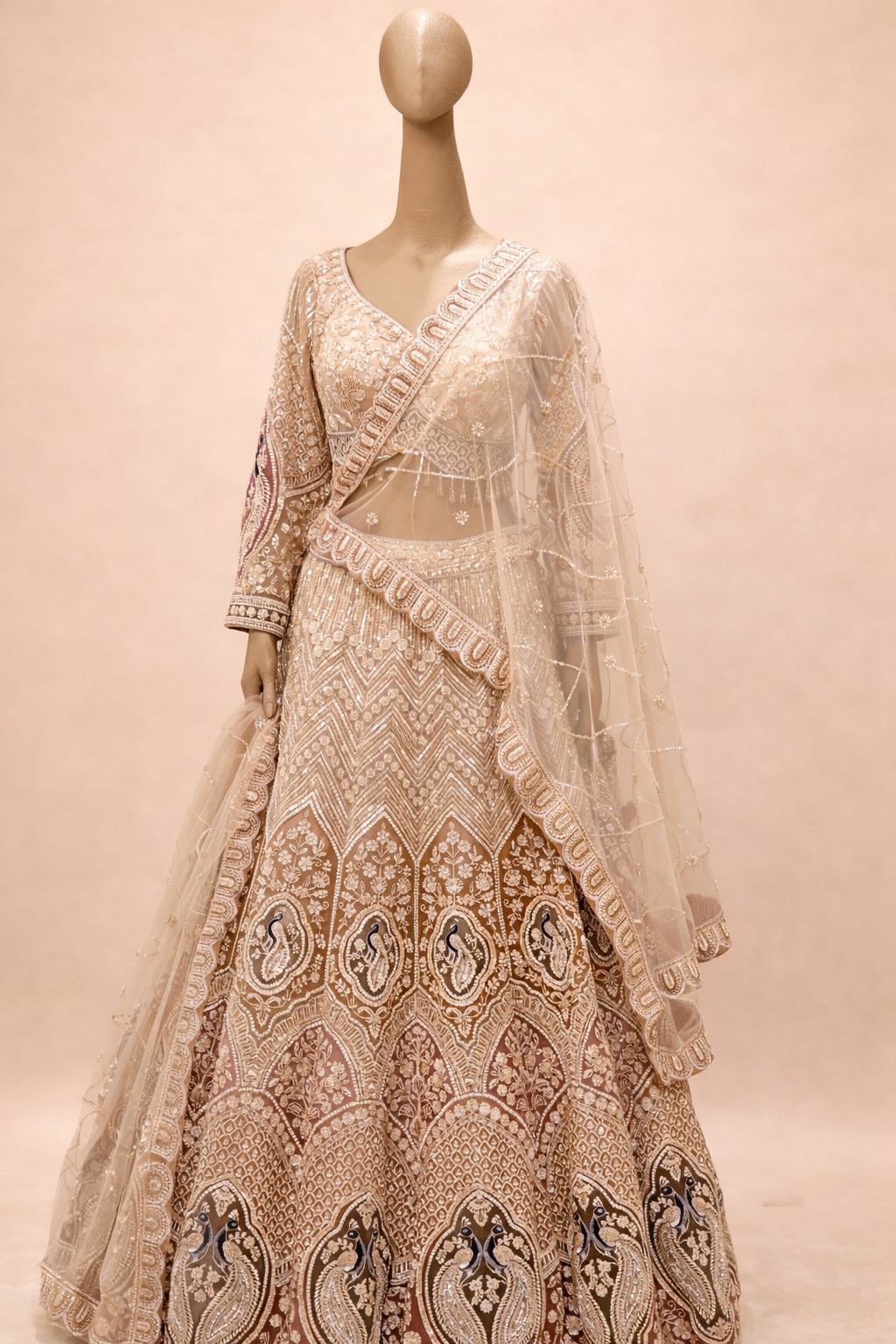 Champagne Gold & Wine Embroidered Bridal Lehenga Set