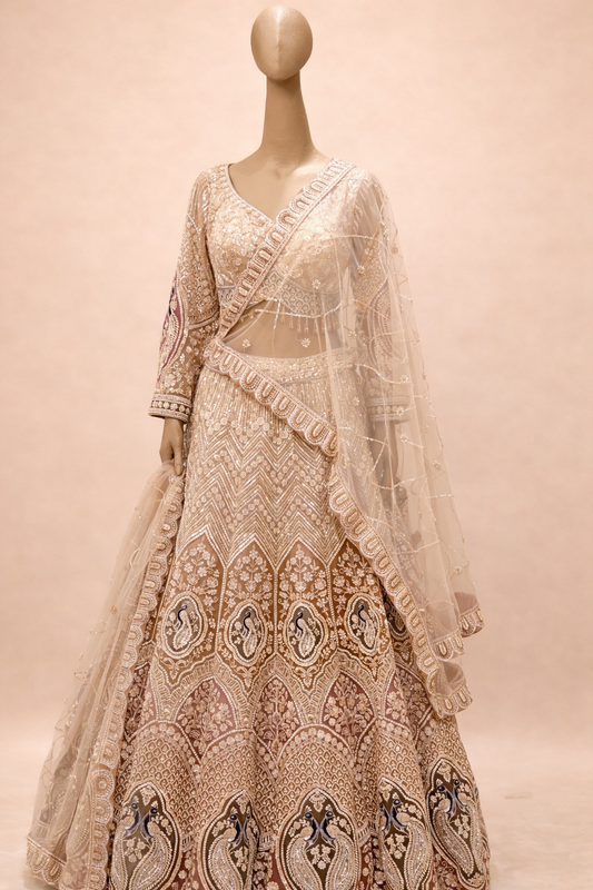 Champagne Gold & Wine Embroidered Bridal Lehenga Set