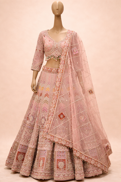 Blush Pink Heavily Embroidered Bridal Lehenga Set