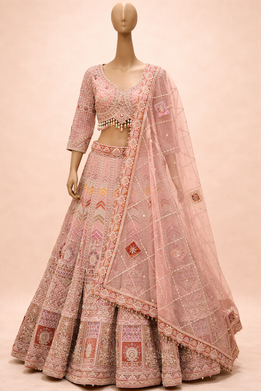Blush Pink Heavily Embroidered Bridal Lehenga Set