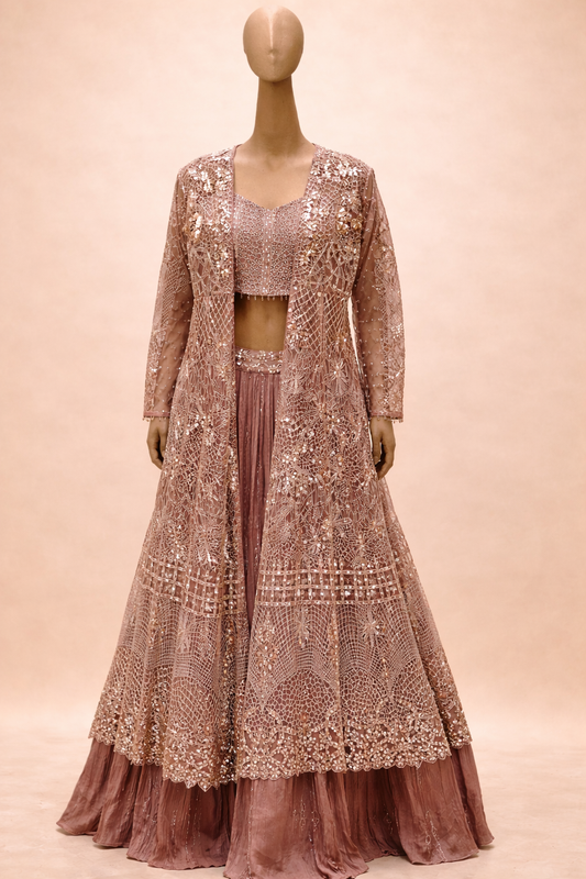 Dusty Mauve Embellished Lehenga Set with Sheer Jacket