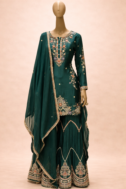 Elegant Teal Embroidered Sharara Set
