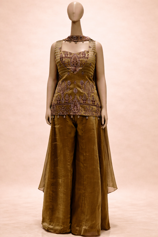 Olive Gold Embroidered Kurta with Velvet Palazzo Set
