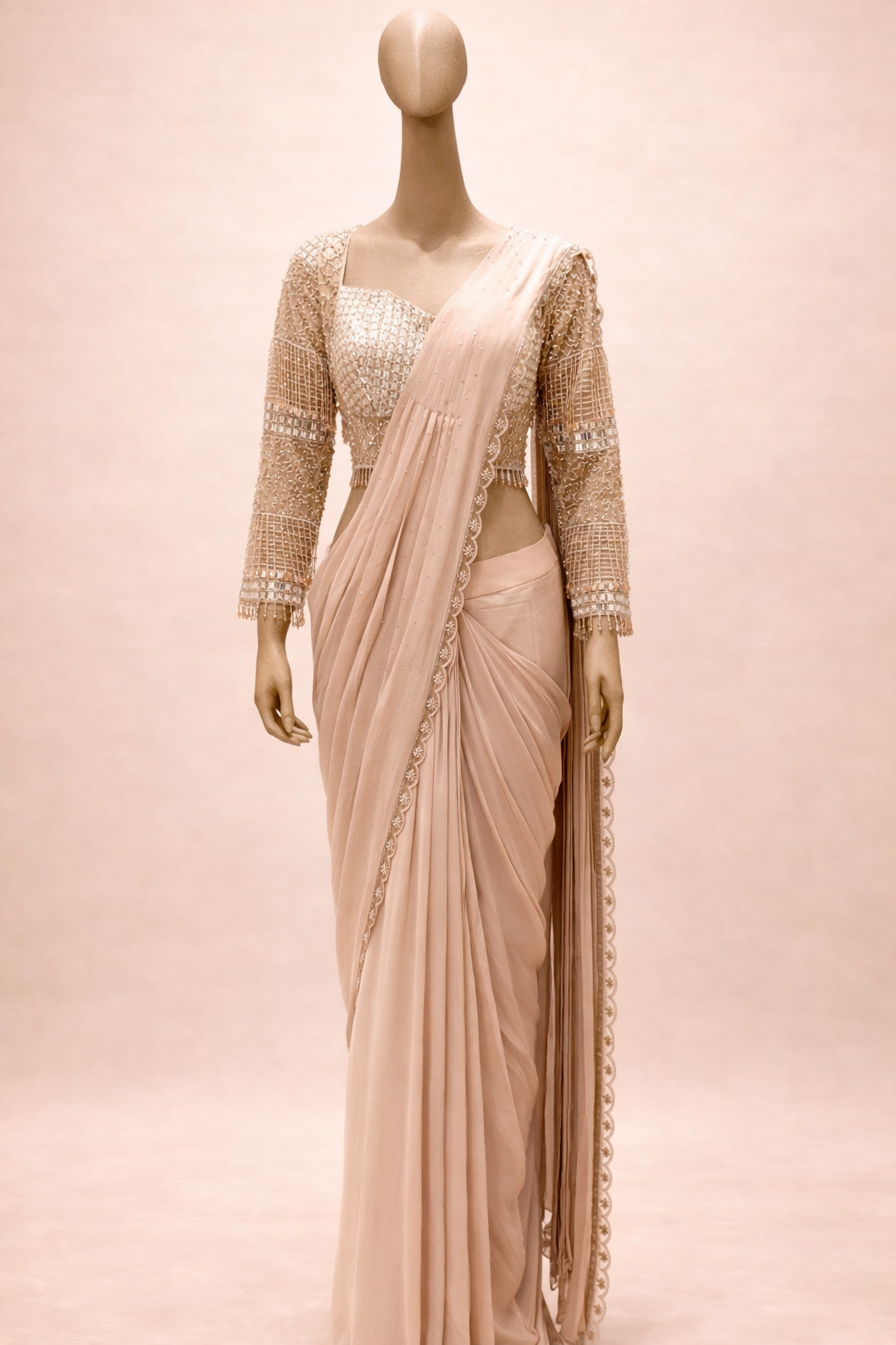Elegant Blush Beige Embellished Saree Set