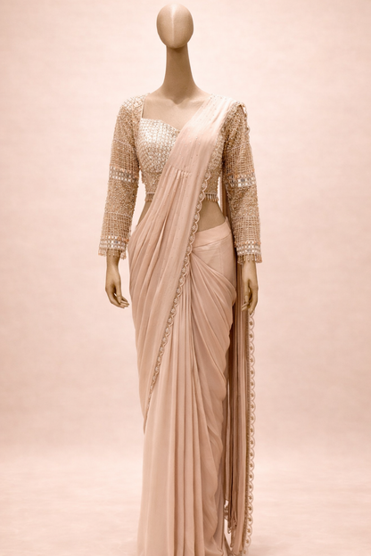 Elegant Blush Beige Embellished Saree Set