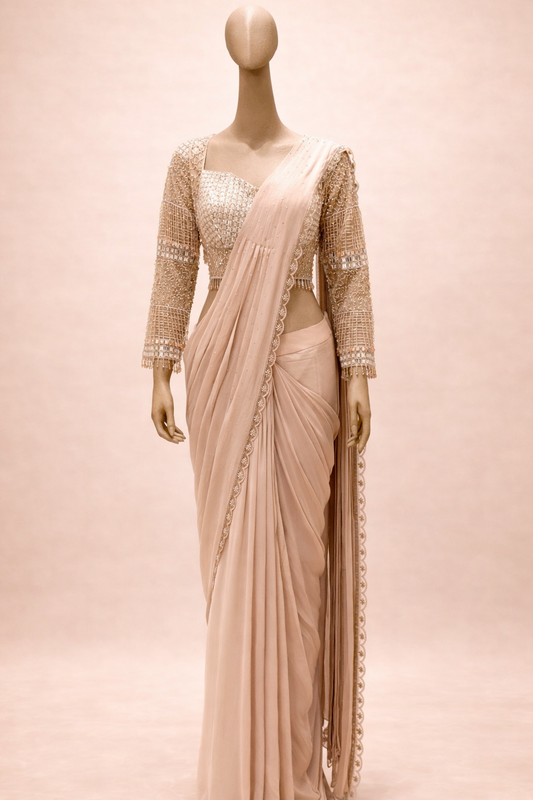Elegant Blush Beige Embellished Saree Set