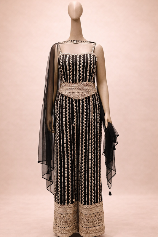 Black & Gold Embroidered Palazzo Set with Dupatta