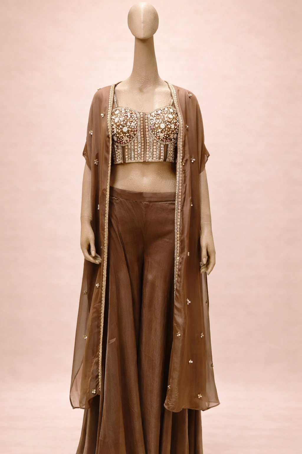 Elegant Hand-Embellished Co-ord Set with Sheer Cape