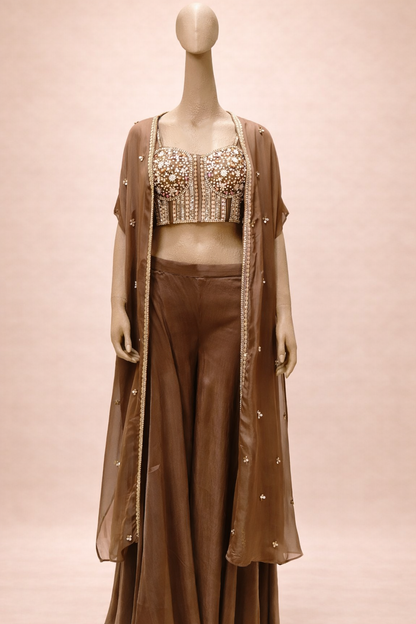 Elegant Hand-Embellished Co-ord Set with Sheer Cape