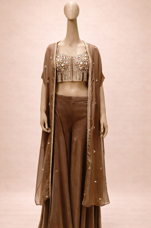 Elegant Hand-Embellished Co-ord Set with Sheer Cape