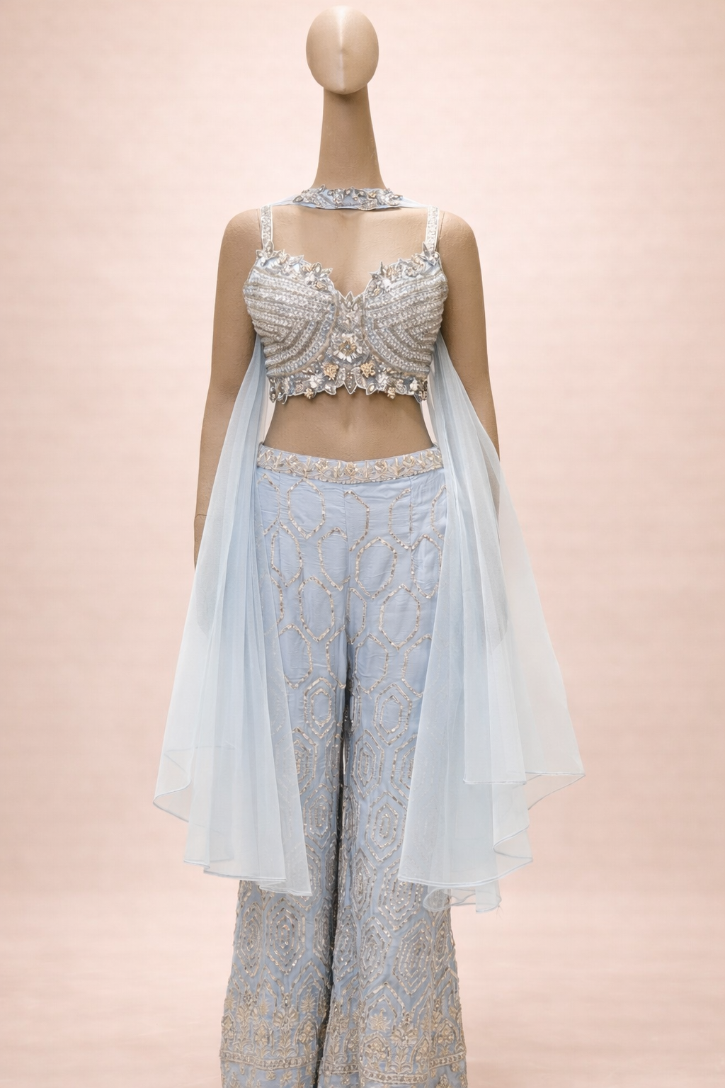 Ice Blue Embellished Palazzo Set with Cape Dupatta