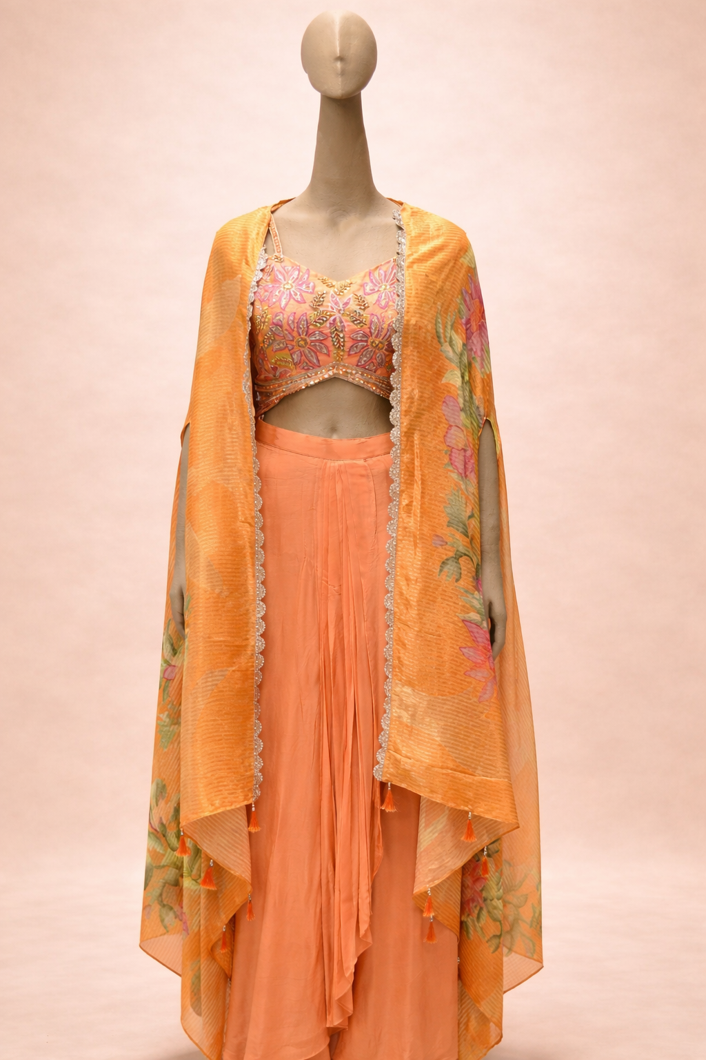 Sunset Peach Floral Cape Sharara Set