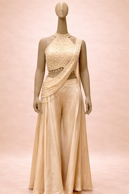 Champagne Gold Embellished Draped Palazzo Set