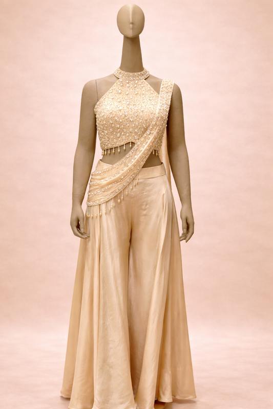 Champagne Gold Embellished Draped Palazzo Set