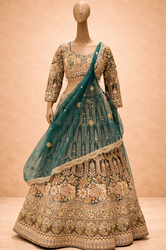 Regal Teal Embroidered Bridal Lehenga