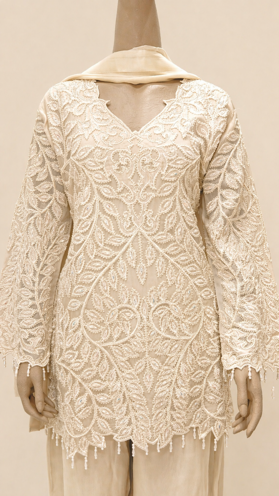 Elegant Beige Embroidered Kurta Set