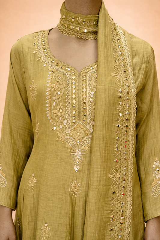 Olive Green Embroidered Kurta Set with Dupatta