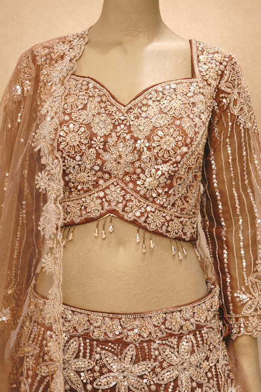 Rust Brown lehenga with intricate floral embroidery with sequins