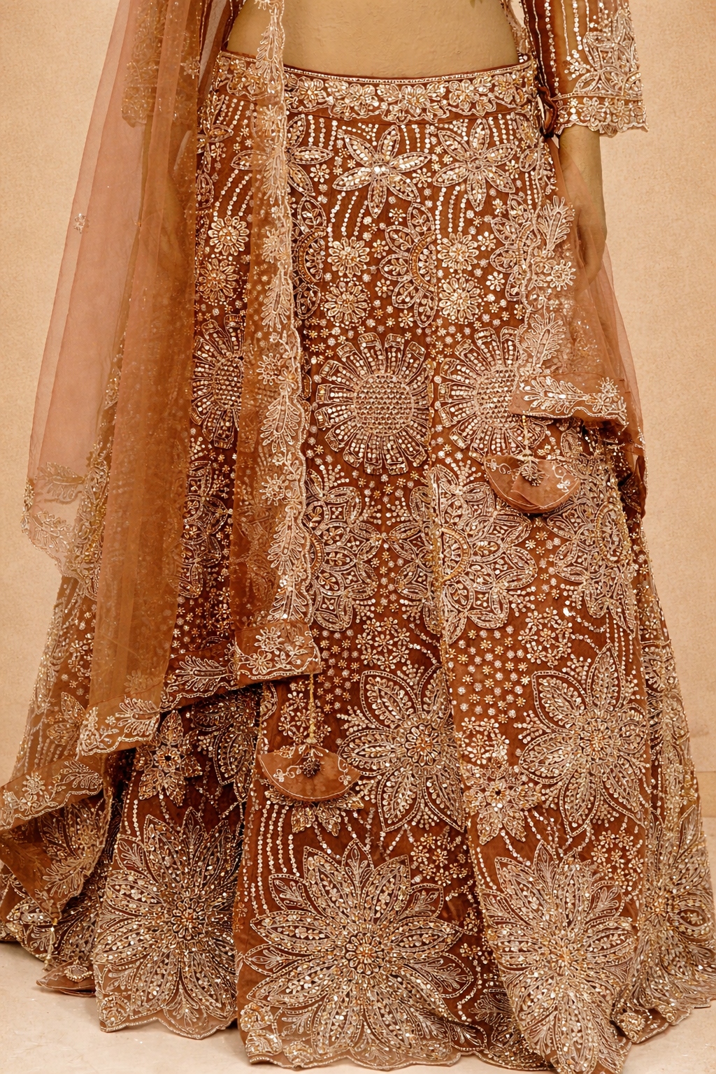 Rust Brown lehenga with intricate floral embroidery with sequins